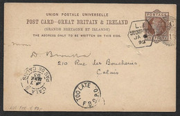 1893 Jan 6 GB 1d Printed To Order PSC - LONDON, LUDGATE CIRCUS To CALAIS, FRANCE - INSTRUCTIONAL PM "TOO LATE F.B.O.P.O" - Poststempel