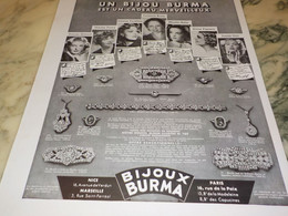 ANCIENNE PUBLICITE DES ARTISTE RENDE HOMMAGE BIJOUX BURMA 1937 - Autres & Non Classés