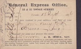 Canada Postal Stationery Ganzsache Victoria PRIVATE Print GENERAL EXPRESS OFFICE, TORONTO 1876 WOODBRIDGE Ont. (2 Scans) - 1860-1899 Reinado De Victoria