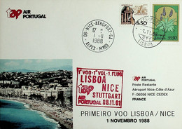 1988 Portugal 1st TAP Flight Lisbon - Nice - Stuttgart (Link Between Lisbon And Nice) - Brieven En Documenten