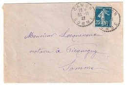 CAMON Somme Lettre 25c Semeuse Bleu Yv 140 Ob Recette Distribution Cercle Pointillé Lautier B4 - Handstempel