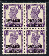 Indian States - Gwalior 1942-45 KG6 3a Bright Violet (typo Printing) Block Of 4 U/M SG 124a - Gwalior