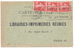 STRASBOURG Carte Postale NON Illustrée LIBRAIRIE IMPRIMERIE REUNIES Paris 30c Semeuse Yv 191 Ob 1939 Arithmétique - Brieven En Documenten