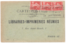 STRASBOURG Carte Postale NON Illustrée LIBRAIRIE IMPRIMERIE REUNIES Paris 30c Semeuse Yv 191 Ob 1939 Arithmétique - Cartas & Documentos