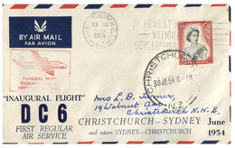 (U 7) New Zealand - 1954 - DC6 First Flight From Christchurch To Sydney - Lettres & Documents