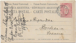 ARGENTINA - 1888 - CARTE ENTIER Avec REPIQUAGE PRIVE "LONDON & RIVER PLATE BANK" Au DOS à BUENOS AIRES => BORDEAUX - Postal Stationery