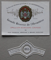 Etiquette Millésime 1955, étiquette Grande Réserve De L'Hermitière (Bourgogne, Beaune, Côte D'Or), - Other