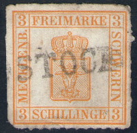 L1 ROSTOCK Auf 3 Shilling Gelborange - Schwerin Nr. 7 I Mit Abart - Mecklenbourg-Schwerin