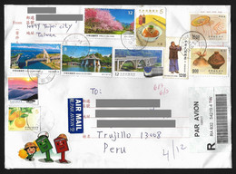 Taiwan Registered Cover With Bridge , Train , Food , Pottery Recent Stamps Sent To Peru - Lettres & Documents