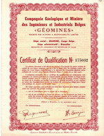 Certificat De Qualification -Compagnie Géologique Et Minière Des Ingénieurs Et Industriels Belges - Manono - Congo Belge - Mines