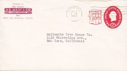 United States Postal Stationery Ganzsache Entier 2 + 2c. PRIVATE Print J. S. WEST & Co. SONORA Calif. 1959 Cover Brief - 1941-60