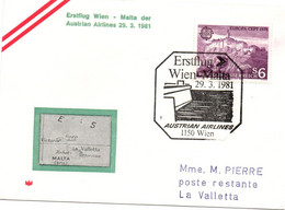 Wien Malta 1981 - Austrian Airlines - 1er Vol Erstflug First Flight Primer Vuelo Voo - La Valetta Malte - First Flight Covers