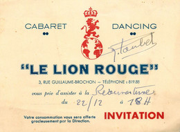 Bordeaux * Cabaret Dancing LE LION ROUGE 3 Rue Guillaume Brochon * Carte D'invitation Ancienne * Signée FLAUBET - Bordeaux