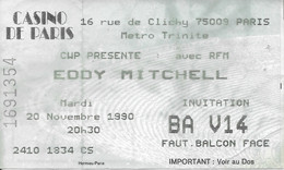 TICKET DE CONCERT EDDY MITCHELL CASINO DE PARIS 20/11/1990 - Entradas A Conciertos