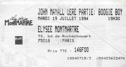 TICKET DE CONCERT JOHN MAYALL & BLUESBRAKERS L'ELYSEE MONTMATRE PARIS 19/07/1994 - Konzertkarten