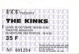 TICKET DE CONCERT THE KINKS THEATRE MOGADOR PARIS 30/10/1978 - Biglietti Per Concerti