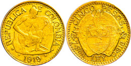 5 Pesos, Gold, 1919, Fb. 110, Ca. 7,9g Fein, Kl. Rf., Vz. - Colombia