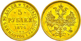 5 Rubel, Gold, 1874, Alexander II., St. Petersburg, Fb. 163, Bitkin 21, Kl. Rf. Und Kratzer, Vz. - Russia