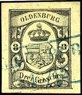 3 Gr. Wappen Auf Mittelgelb, Zentrisch Und Klar Gestempelt Ra2 "OLDENBURG 13/12", Allseitig Sehr Breit Gerandet Und In V - Oldenburg