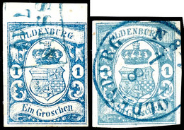 1 Gr. Dunkelkobaltblau U. 1 Gr. Lebhaftgrünlichblau, Zwei Farbfrische, Schmal- Bis Breitrandige Kabinettstücke Mit Stemp - Oldenburg