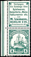 Reklame M. Liemann/4 Heller, Senkrechter Zusammendruck Vom Linken Bogenrand Tadellos Postfrisch, Mi. 750,--, Katalog: S  - German East Africa