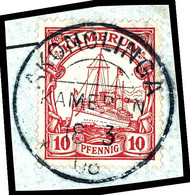 AKONOLINGA 18 3 08  Auf Luxus-Briefstück Mit 10 Pfennig Kaiseryacht, Zentraler Klarer Abschlag, Geprüft Mansfeld  BS - Camerun