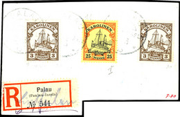 PALAU, 3 Pfennig Braun, Zwei Exemplare Und 25 Pfennig Orange/schwarz Auf Hellgelb Auf Großem Tadellosen Briefstück Mit E - Caroline Islands