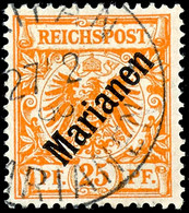 25 Pfg Krone/Adler Mit Diagonalem Bdr.-Aufdruck "Marianen", Gestempelt "Saipan 27/2 Oo" (Sorte II Nach Friedemann), Tade - Mariannes