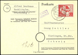 30 Pfennig Tag Der Arbeit Auf Portogerechter Auslands-Postkarte Als FDC Von "(10) ROCHLITZ (SACHS.) 01.5.50" Nach Flurli - Altri & Non Classificati