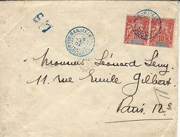 1907- Enveloppe Affr. Paire 10 C Groupe Oblit. Cad Bleu De MANJAKANDRIANA  / MADAGASCAR  + B M Bleu  Pour Paris - Briefe U. Dokumente