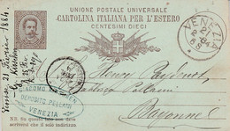ITALIE ROYAUME ENTIER CARTE DE VENEZIA POUR LA FRANCE  1884 - Marcophilia