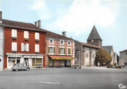 BUSSIERE-POITEVINE - La Place - Eglise - Bar Du Soleil, Café Du Midi - 2CV Citroën - Magasin Doc - Pompes à Essence Esso - Bussiere Poitevine