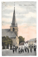 Feluy Eglise Et Grand Place Colorisée Animée Café Des Archers 1908 - Seneffe