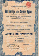 Action De Dividende Au Porteur - S.A DesTramways De Buenos-Ayres - Bruxelles 1907. - Chemin De Fer & Tramway