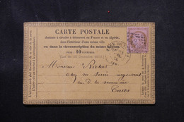 FRANCE - Carte Précurseur De Tours Pour Tours En 1874, Affranchissement Cérès 10ct - L 75142 - Vorläufer