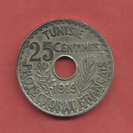 25 Centimes , TUNISIE , Nickel-Bronze , 1919 , N° KM # 244 - Colonias