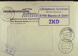 Fern-Brf Mit ZKD-Kastenst."GHG Textilwaren-Bezirk Dresden -Niederlassung- 8705 Ebersbach (Sachs)" 6.10.66 Viol.Stpl NL17 - Covers & Documents