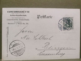 Postkarte, Concordiahutte, Bendorf . Envoyé à Redingen Luxembourg 1911 - Ganzsachen