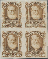 Brasilien: 1878-79, 300 R. Bister Imperf Block Of Four On White Wove Paper, Mint No Gum, Flaw At Top - Unused Stamps