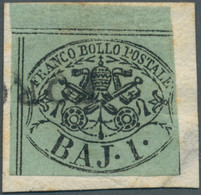 Italien - Altitalienische Staaten: Kirchenstaat: 1852, 1 Baj Black On Green, Stamp From Top Margin, - Papal States