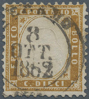 Italien: 1862, 10c. Bistre, Fresh Colour, Well Perforated, Neatly Cancelled "TERAMO 8 OTT 1862", Sig - Usados