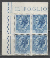 ITALIA 1953 - Siracusana 60 L. ** Quartina - 1946-60: Mint/hinged