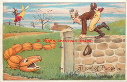 282443-Halloween, Julius Bien No 9803, A Row Of Pumpkins With JOL Snake Head, Frightened Man On Stone Wall - Halloween