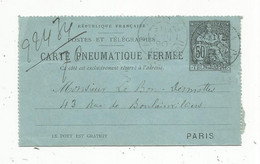 Entier Postal,  Carte Pneumatique Fermée , PARIS ,1898 - Pneumatic Post