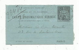 Entier Postal,  Carte Pneumatique Fermée , PARIS ,1898 - Pneumatiques