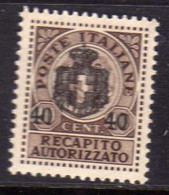 ITALIA REGNO ITALY KINGDOM 1945 LUOGOTENENZA RECAPITO AUTORIZZATO CENT.40 SU 10c MNH - Authorized Private Service