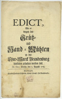 Kurmark Brandenburg Berlin 1718 König Friedrich Wilhelm Dekret Handmühlen Mühlenwesen - Gesetze & Erlasse