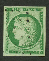 15c CERES (n°2b) Vert Fonçé Obl. GROS Points. Cote 1500€. Timbre Avec Aminci. Superbe Présentation. - 1849-1850 Ceres