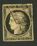 20c (n°3b) Noir Sur Chamois Obl. + Variété D' Impression Coin Supérieur Gauche. Signé BRUN. TB. - 1849-1850 Ceres