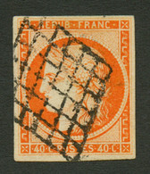 40c CERES Orange Vif (n°5a) Obl. Grille. Cote 600€. Signé BRUN. TTB. - 1849-1850 Ceres